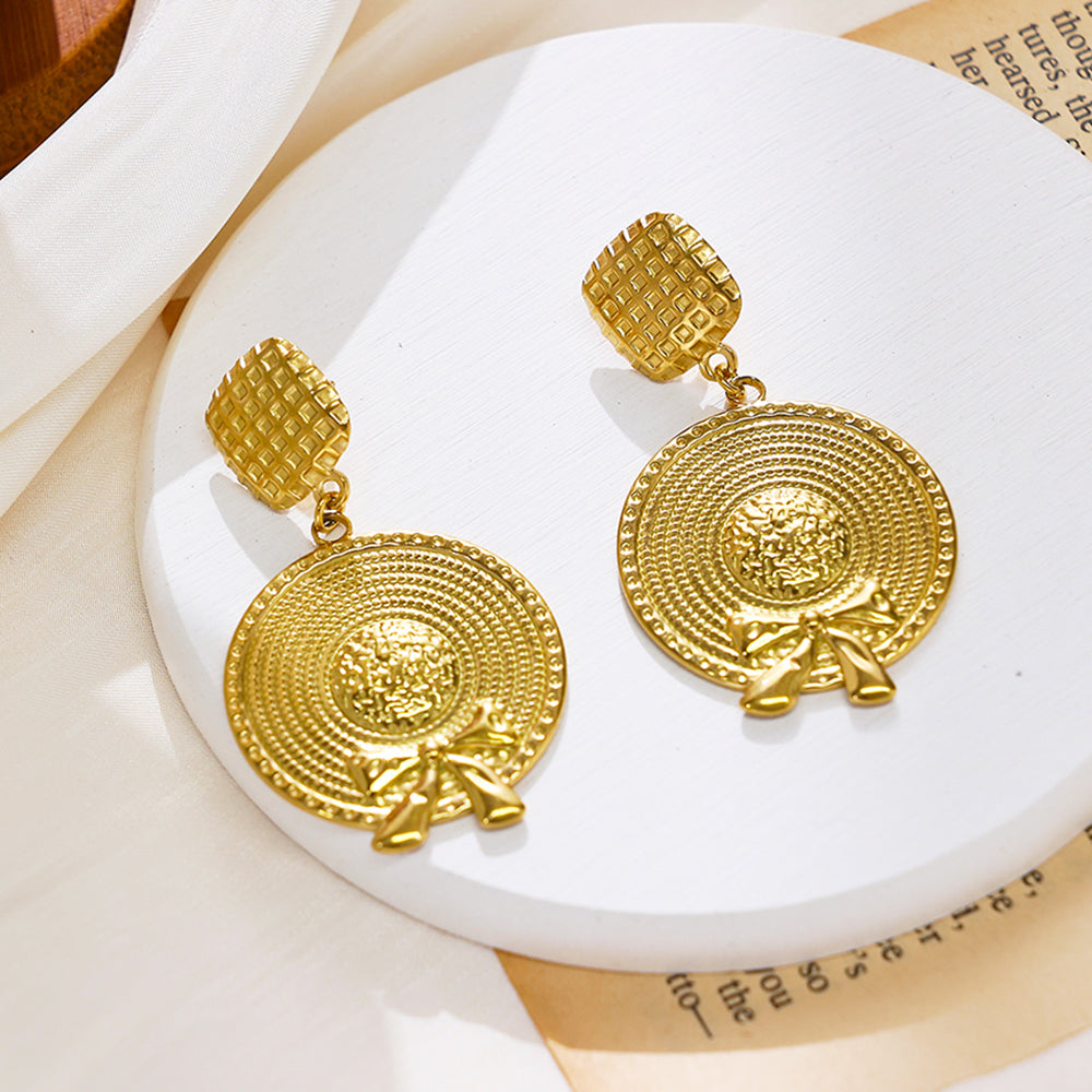 Vintage Gold Statement Earrings – Straw Hat with Bow Design – Tarnish Free