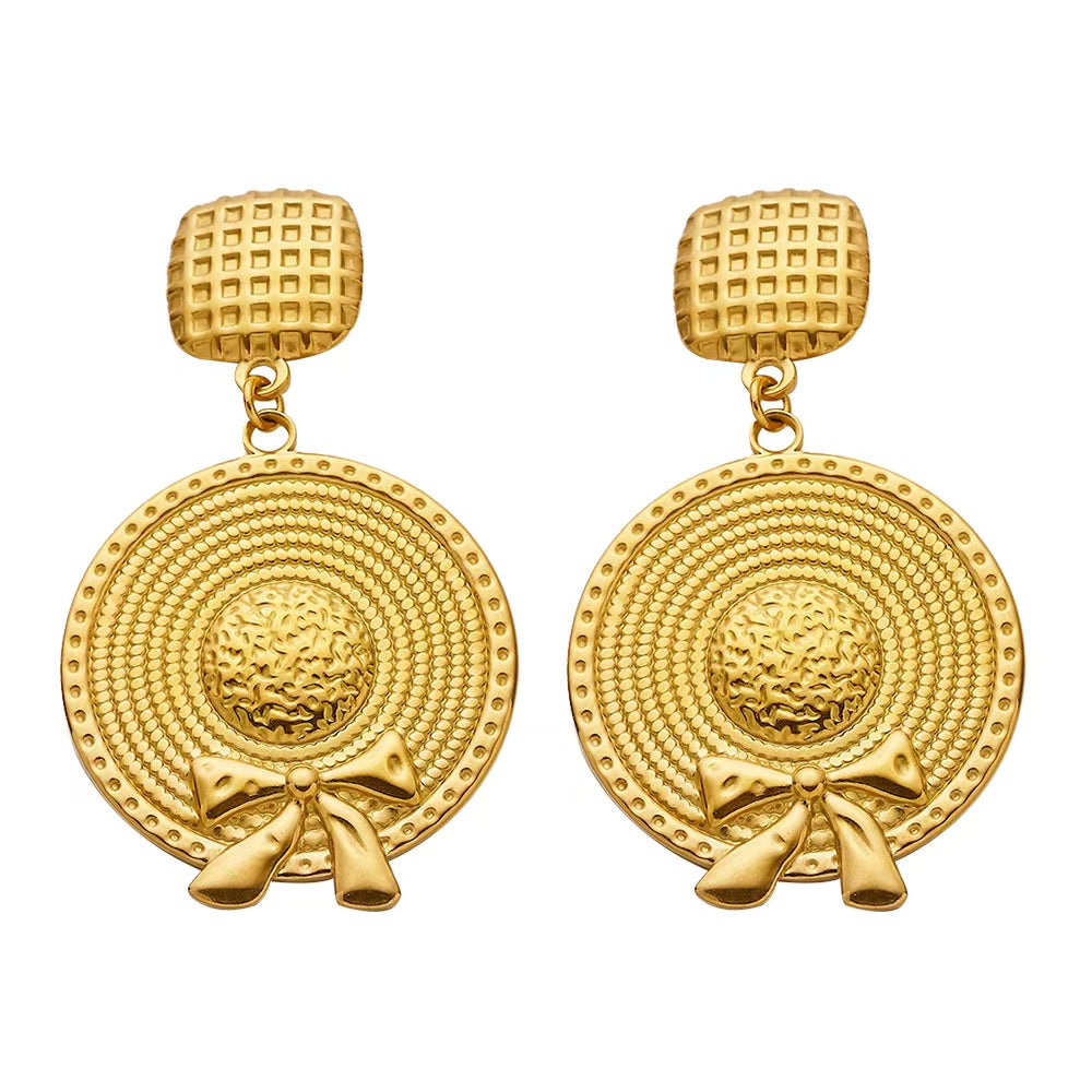 Vintage Gold Statement Earrings – Straw Hat with Bow Design – Tarnish Free