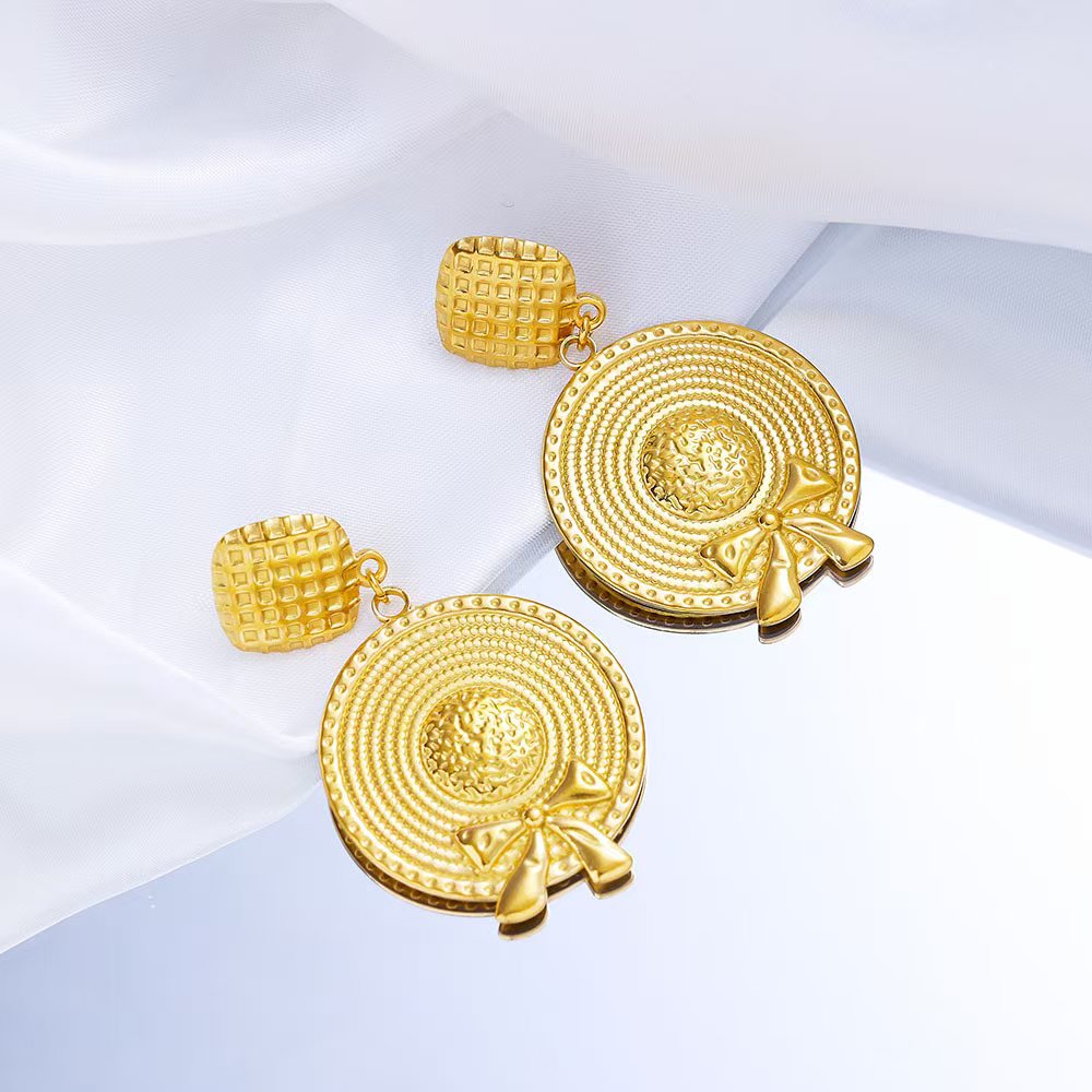 Vintage Gold Statement Earrings – Straw Hat with Bow Design – Tarnish Free