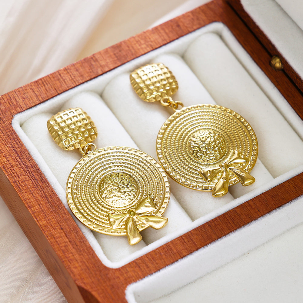 Vintage Gold Statement Earrings – Straw Hat with Bow Design – Tarnish Free