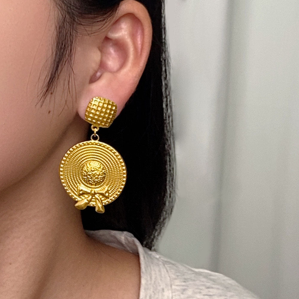 Vintage Gold Statement Earrings – Straw Hat with Bow Design – Tarnish Free